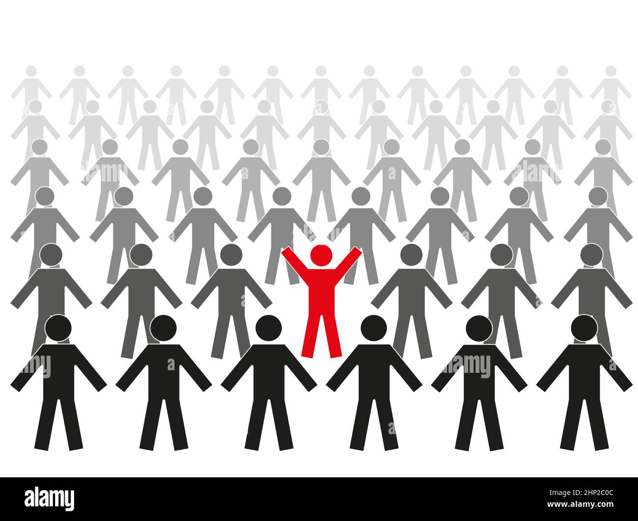 Individualität-Konzept. Ein einzelner roter Mann steht mit vielen verschiedenen schwarzen. Vektorgrafik Stock Vektor