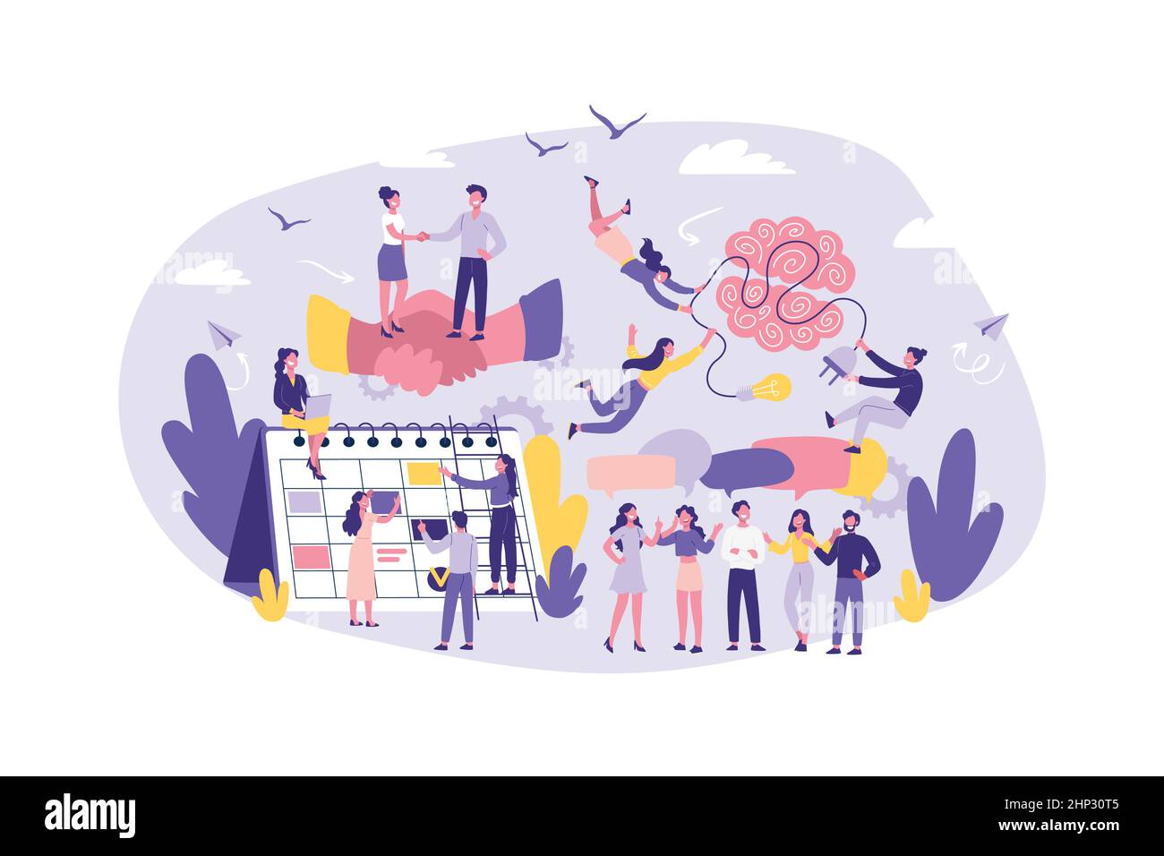 Geschäftskonzept Zusammenarbeit, Zusammenarbeit, Support, Outsourcing, Partnerschaft, Vereinbarung. Teamarbeit Von Büroangestellten, Managern, Rechtsanwälten. Brainstorming. Stock Vektor