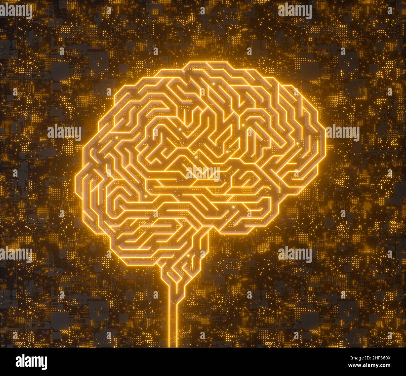 3D Illustration von künstlicher Intelligenz, Mikrochip, der ein Gehirn mit Verbindungslinien bildet. Stockfoto