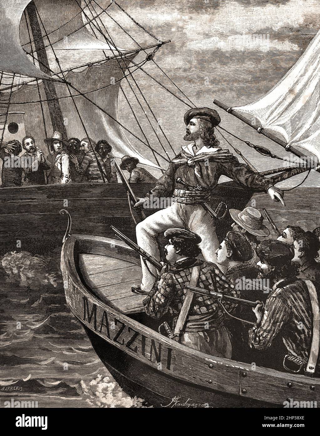 Garibaldi auf dem Schiff Mazzini ( Giuseppe Maria Garibaldi 1807 – 1882 ) Italienisch, General, Patriot, Revolutionär, Republikaner, Italien, ( Vereinigung und Gründung des Königreichs Italien.) Stockfoto