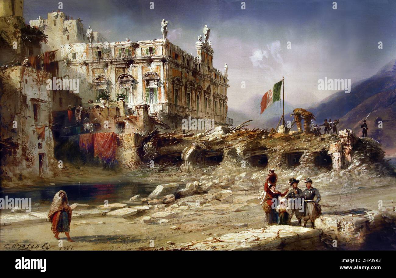 Belagerungszustand von Gaeta, Battery 1860 vom Maler C. Bossoli, ( Vereinigung und Gründung des Königreichs Italien.) Stockfoto