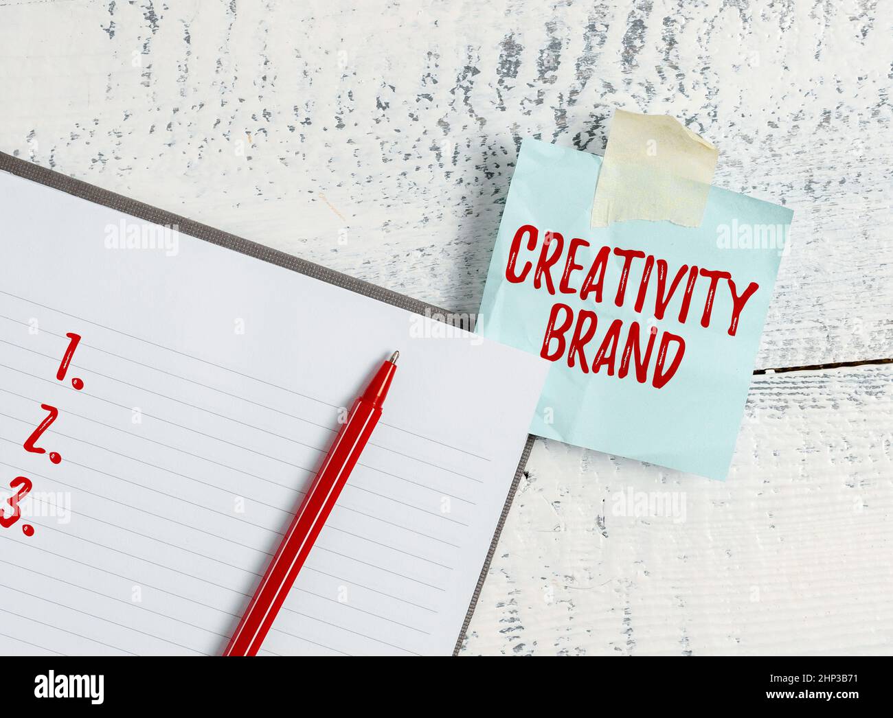 Textschild mit der Marke „Kreativität“, dem Namen des Geschäftsansatzes oder dem Merkmal, das Unternehmen unterscheidet, das „Letter Idea“, „Listing Text Docum“ verfasst Stockfoto