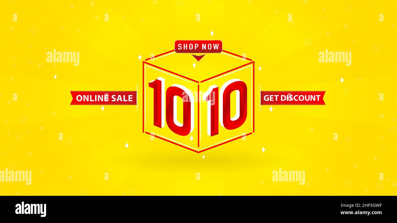10,10 Verkauf Illustration Cube Modell Nummer Zeichen rotes Band mit isolierten gelben Hintergrund, anwendbar für Online-Shop-Zeichen, Poster, Flyer, Social-Media-Banner, Label-Promotion-Shop und Web-Banner. Stock Vektor
