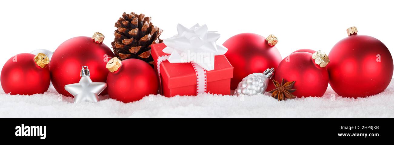 Weihnachtskugeln Kugeln Dekoration Geschenk Geschenk Ornamente Banner isoliert auf einem weißen Hintergrund Stockfoto