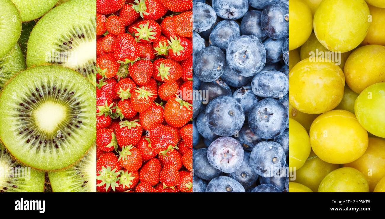 Sammlung von Früchten Obst Collage Hintergrund mit Erdbeeren Erdbeere frische Beeren Beeren Heidelbeeren Heidelbeeren Vitamine Stockfoto