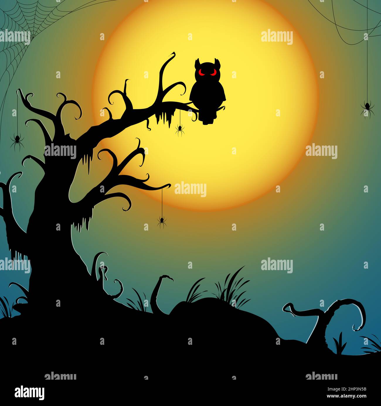 halloween gruselige Eule sitzt auf einem toten Baum Stock Vektor