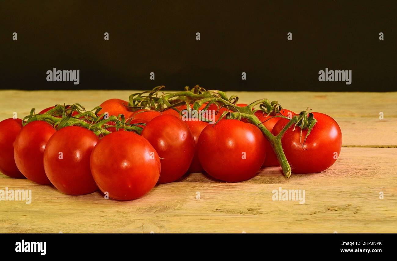 Frische Kirschtomaten auf rustikalem Holzhintergrund. Weißer und schwarzer Hintergrund. Platz für Text kopieren. Stockfoto