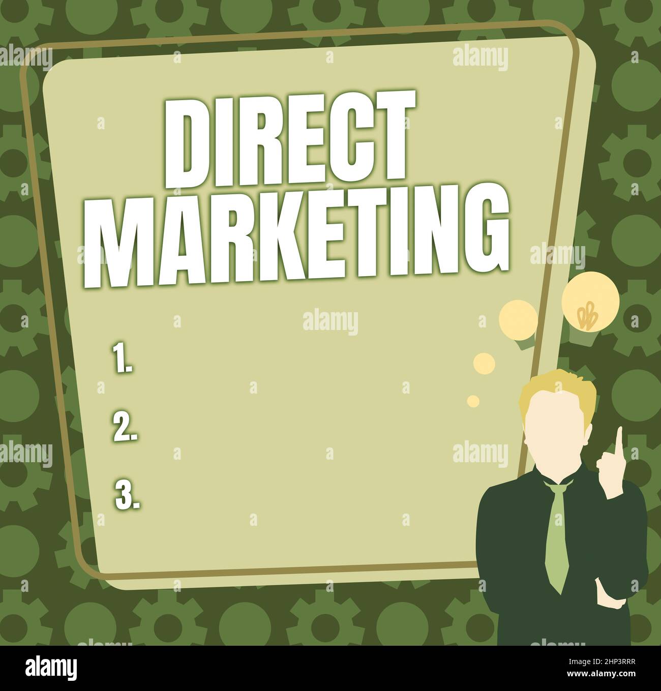 Schreiben Anzeige Text Direct Marketing, Business Idea Geschäft des Verkaufs von Produkten oder Dienstleistungen an die Öffentlichkeit Illustration eines Geschäftsmannes Standing Comi Stockfoto