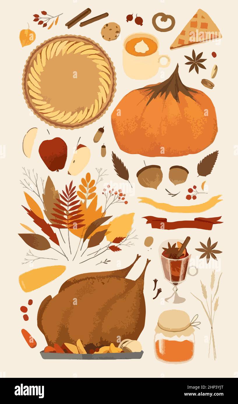 Vektor Herbst Thanksgiving Elemente. Kürbis, Kuchen, truthahn, Apfel, Glühwein, Kekse, Kastanie, Zimt. Stock Vektor