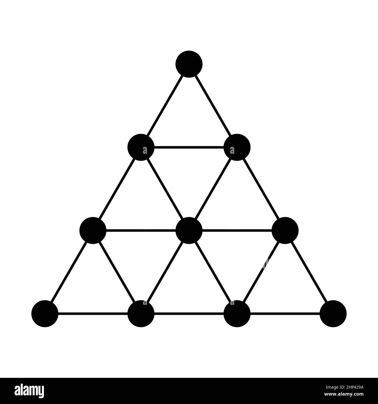 Tetractys, Tetractys oder Tetractys des Dekads. Eine dreieckige Figur, bestehend aus zehn Punkten, in vier Reihen angeordnet. Stockfoto