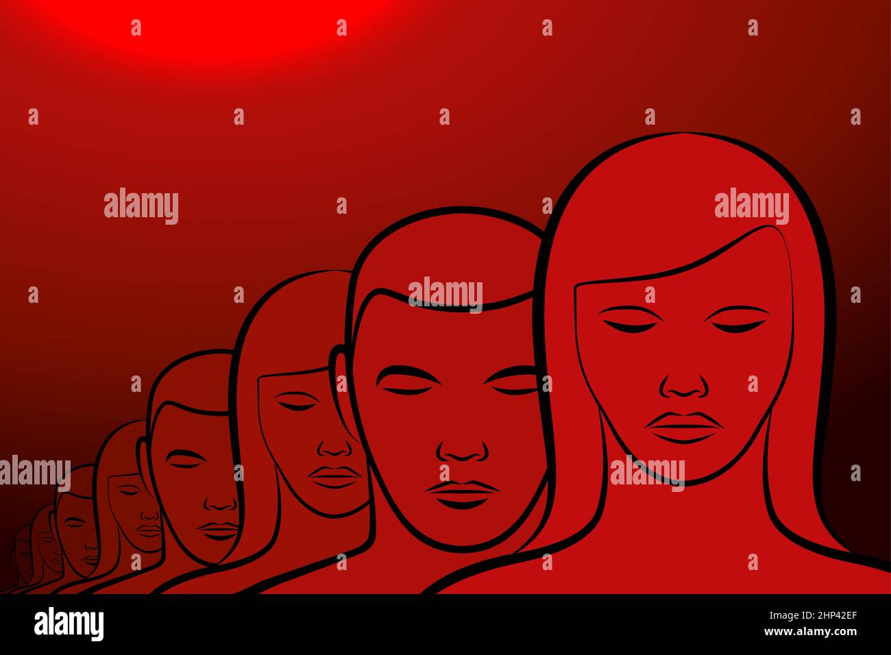 Hypnotisiert. Männer und Frauen stehen in einer Reihe, die Augen geschlossen. Sie wurden in eine tiefschlafe-ähnliche Hypnose verfangen. Stockfoto