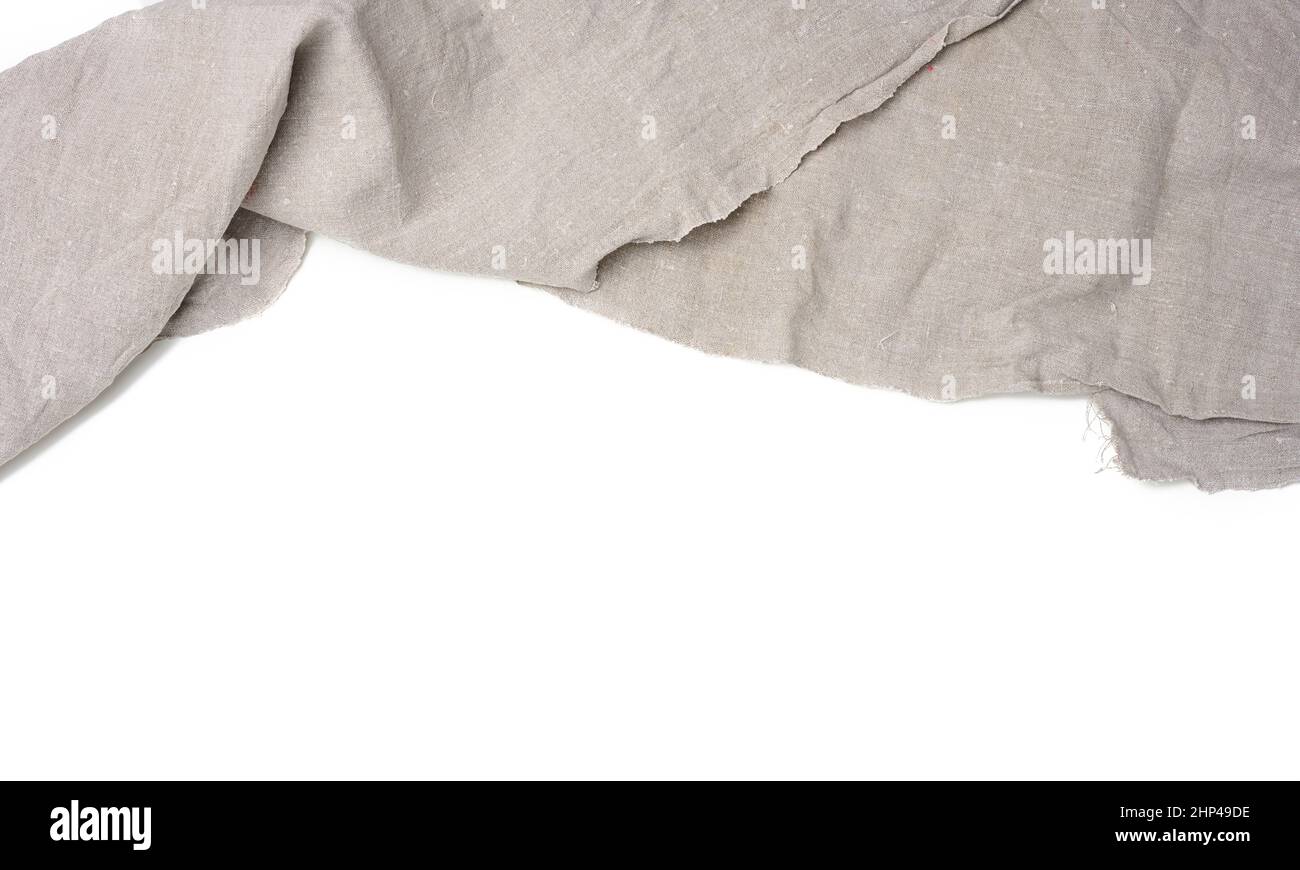 Graues Geschirrtuch aus Leinen auf weißem Hintergrund, Ansicht von oben Stockfoto