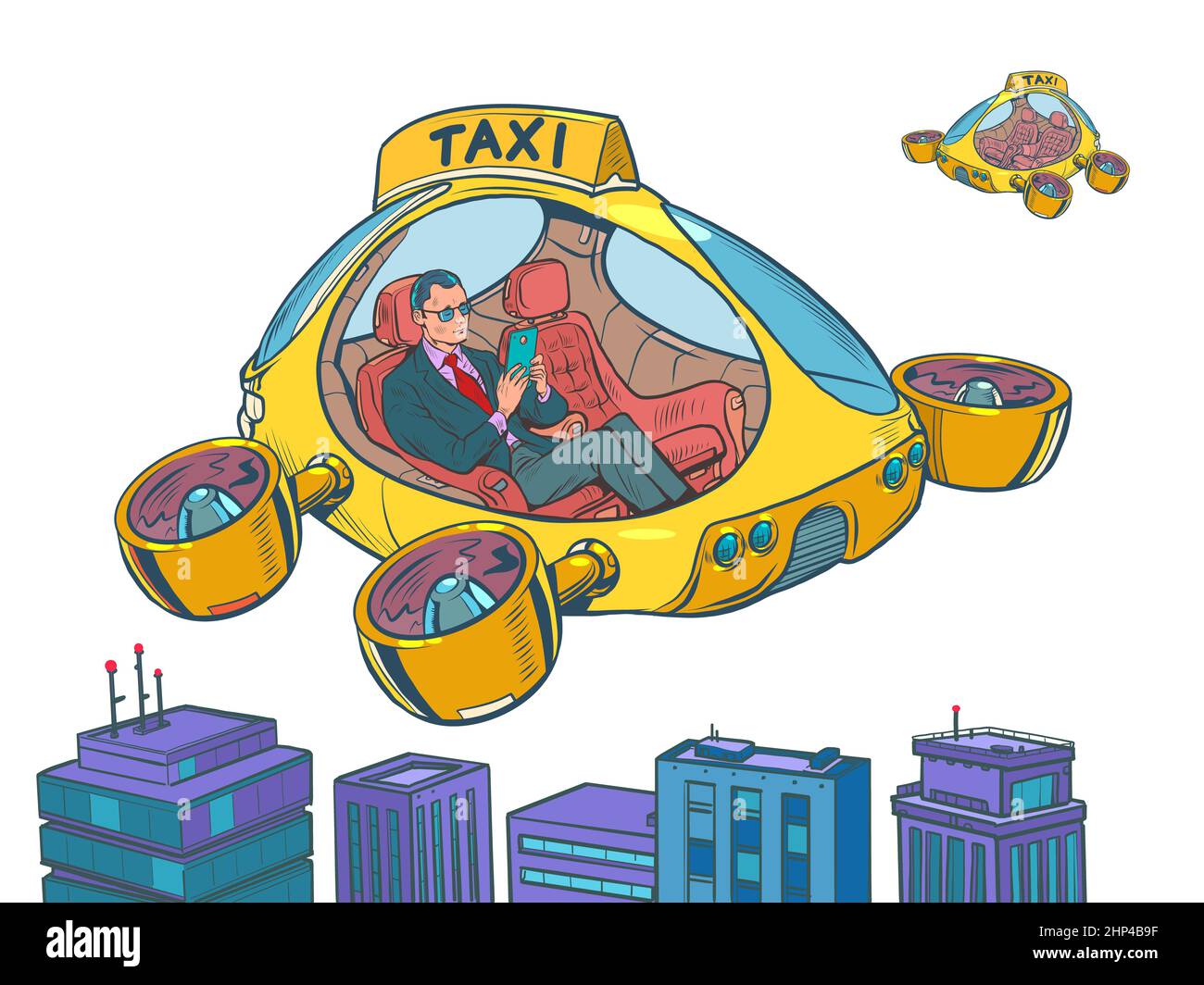Geschäftsreisenden. Drohne Lufttaxi, Autopilot Stadtverkehr. Hubschrauber der Zukunft isolieren auf neutralem Hintergrund. Pop Art Retro Vektor Illust Stockfoto