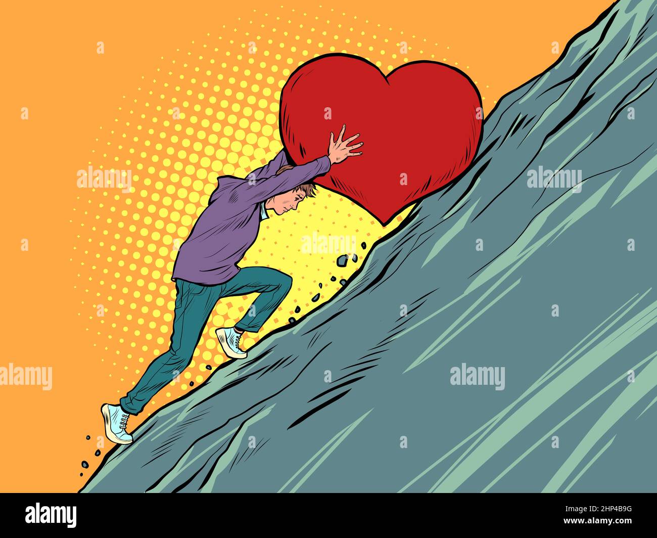 sisyphäen-Arbeit ein Liebhaber glaubt an die Liebe, rollt ein Herz der Valentinen den Berg hinauf. Pop Art Retro Vektor Illustration Vintage Kitsch 50s 60s Stil Stockfoto