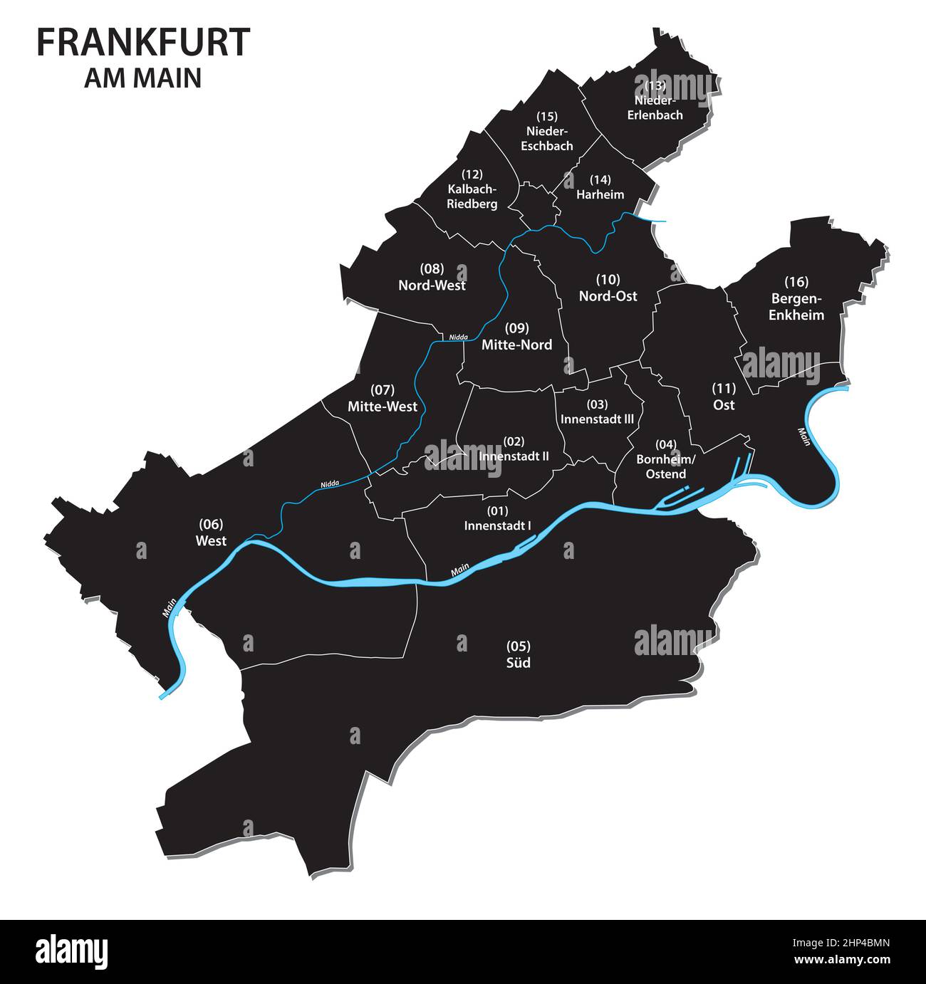 Administrative Vektorkarte von Frankfurt mit allen Bezirken Stock Vektor