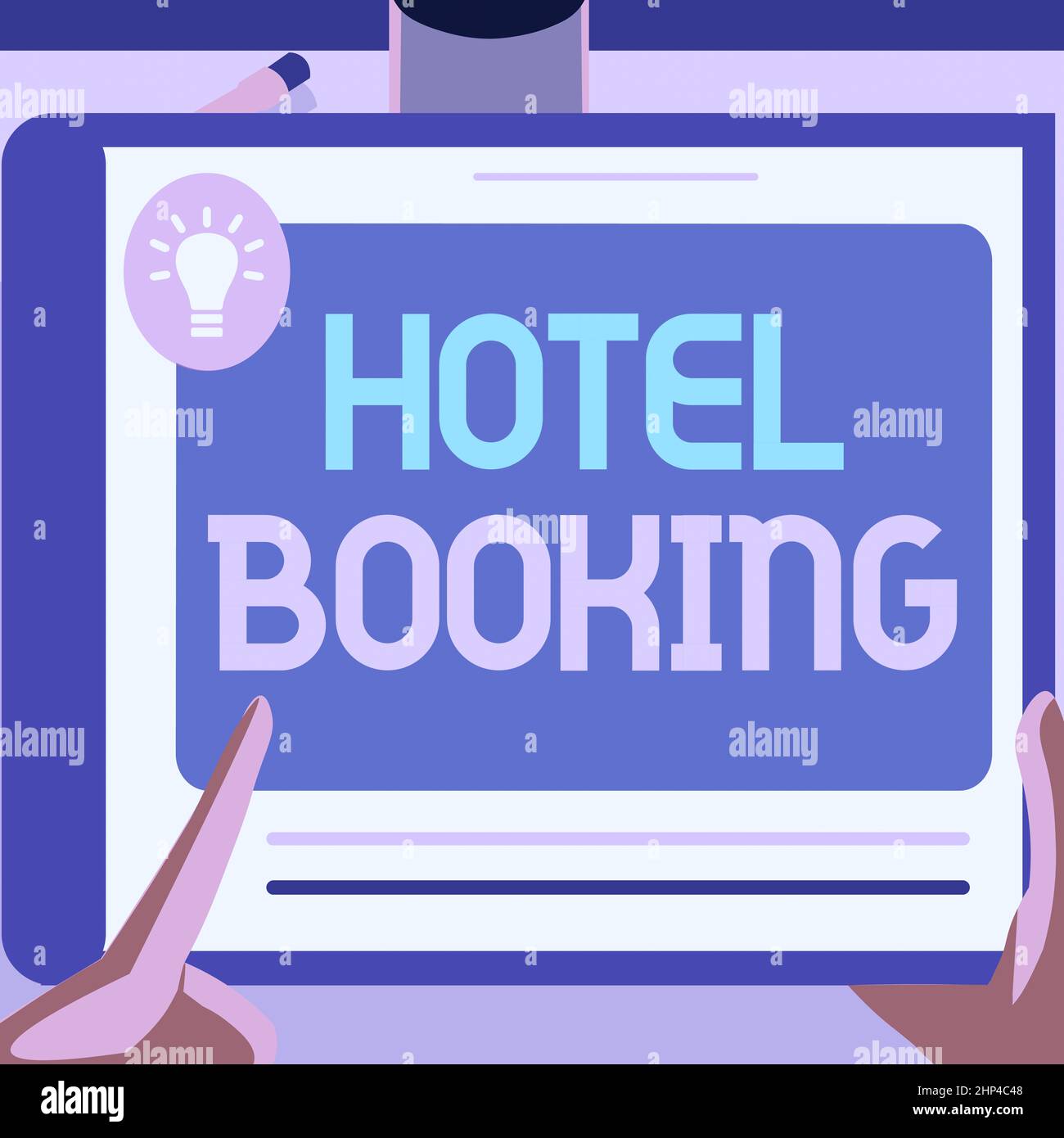 Schild mit Hotelbuchung, Konzeptfoto Online-Reservierungen Presidential Suite De Luxe Hospitality Illustration einer Hand mit Big Tablet Sea Stockfoto