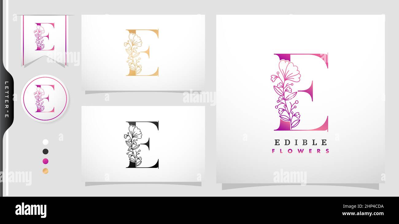 Abbildung des Buchstaben E Logotyp Essbare Blume symbolisch mit violetten Farbverläufen isolierte schwarze und weiße Hintergründe, anwendbar für Produkt, und Logo für Corporate Brands Design. Stock Vektor