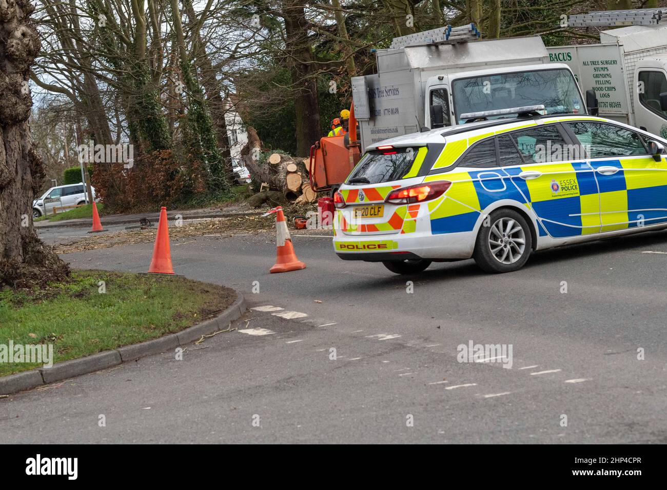 Brentwood, Großbritannien. 18th. Februar 2022. Brentwood Essex 18th Feb 2022 UK Wetter, Sturm Eunice; Straßen geschlossen und Stromleitungen wegen Sturm Eunice in Brentwood Essex Quelle: Ian Davidson/Alamy Live News Stockfoto