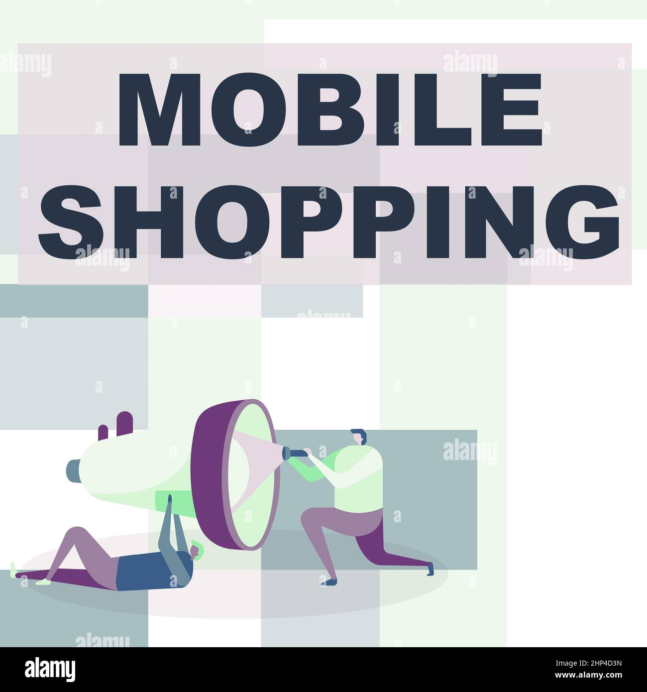 Hand schreiben Zeichen Mobile Shopping, Business-Überblick zu kaufen Waren mit einem Handy Arbeiter durchgeführt Zeichnung helfen einander mit Flashl Stockfoto