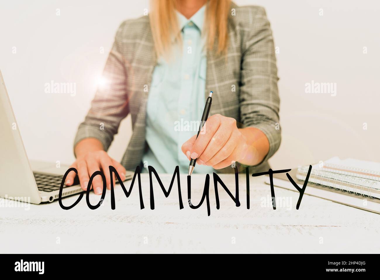 Schreiben Text anzeigen Community, Word für bestimmte Bevölkerung mit gemeinsamen Eigenschaften Zusammenleben Architekt Interviewing Client, Reporther Stockfoto