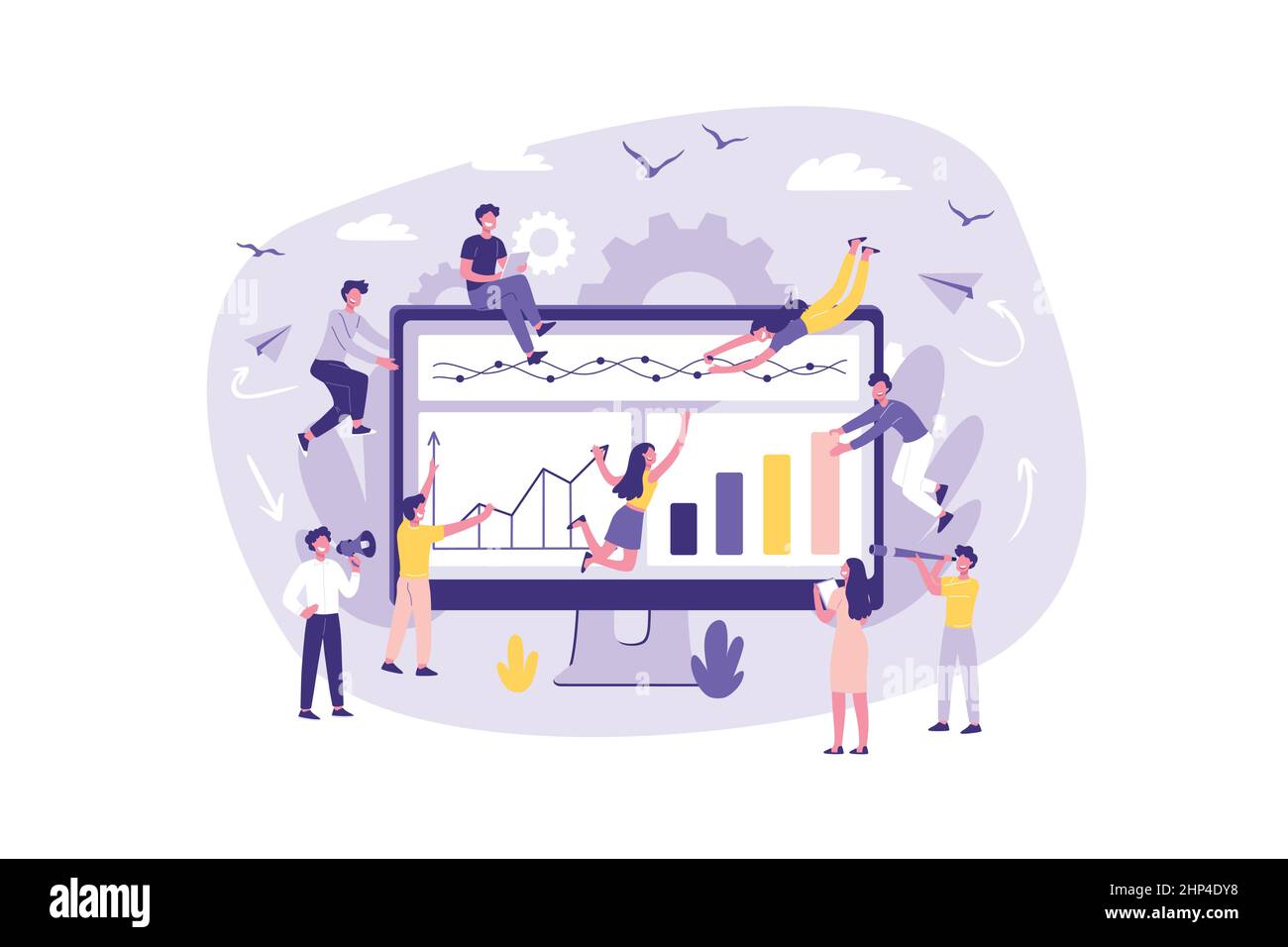 Business Concept Analysis, KPI. Der Bildschirm „Monitor“ ist eine Baustelle. Teamwork-Mitarbeiter sind ein Projekt im Internet zu machen. Gemeinsame Ausführung von Aufgaben Stock Vektor