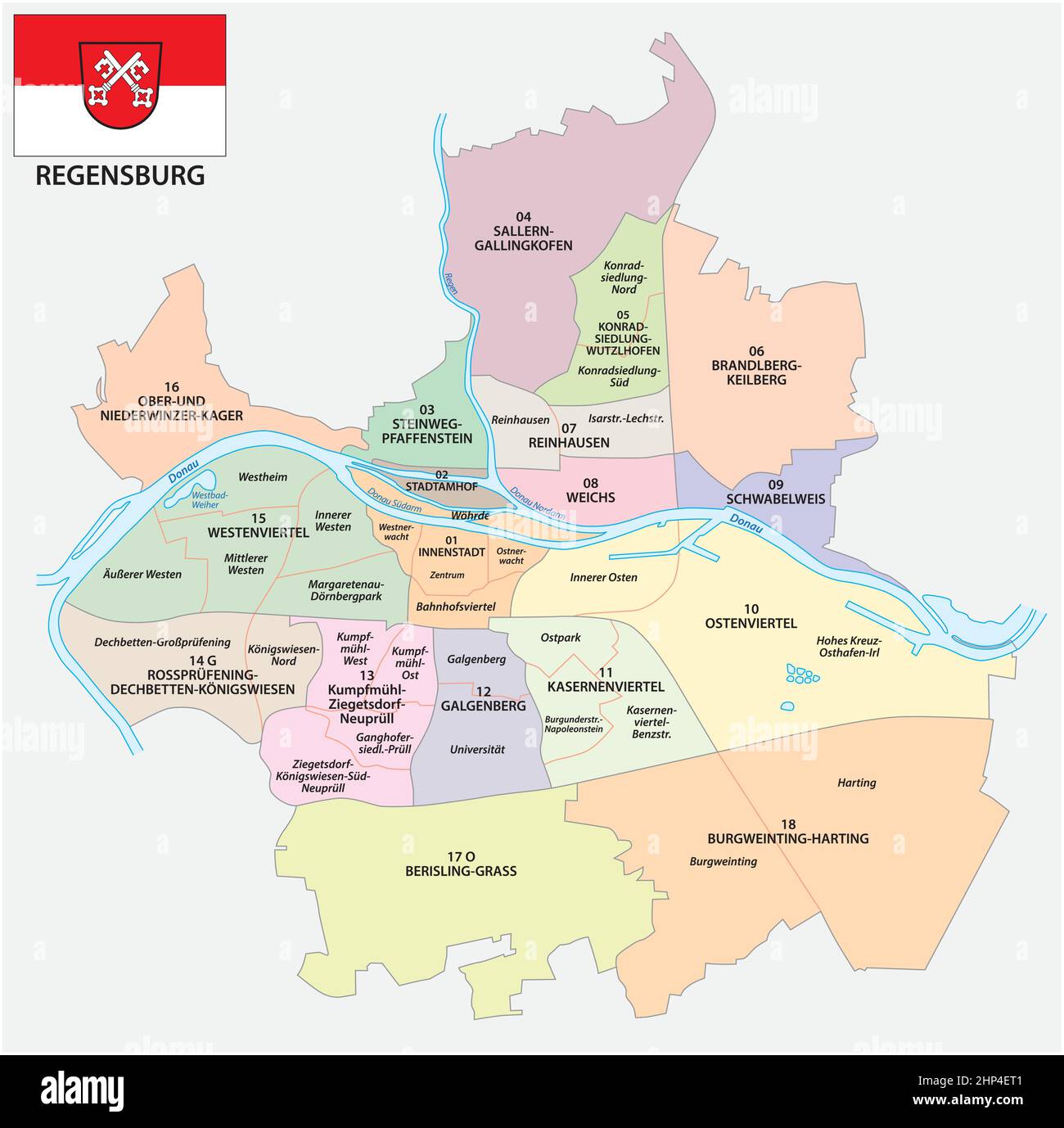 Administrative Vektorkarte der bayerischen Stadt Regensburg mit Flagge Stock Vektor