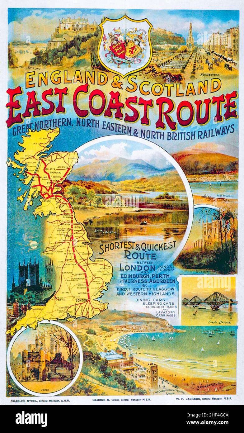 Great Northern, North Eastern and North British Railways East Coast Route, England and Scotland Vintage Railway travel Poster. VEREINIGTES KÖNIGREICH Stockfoto
