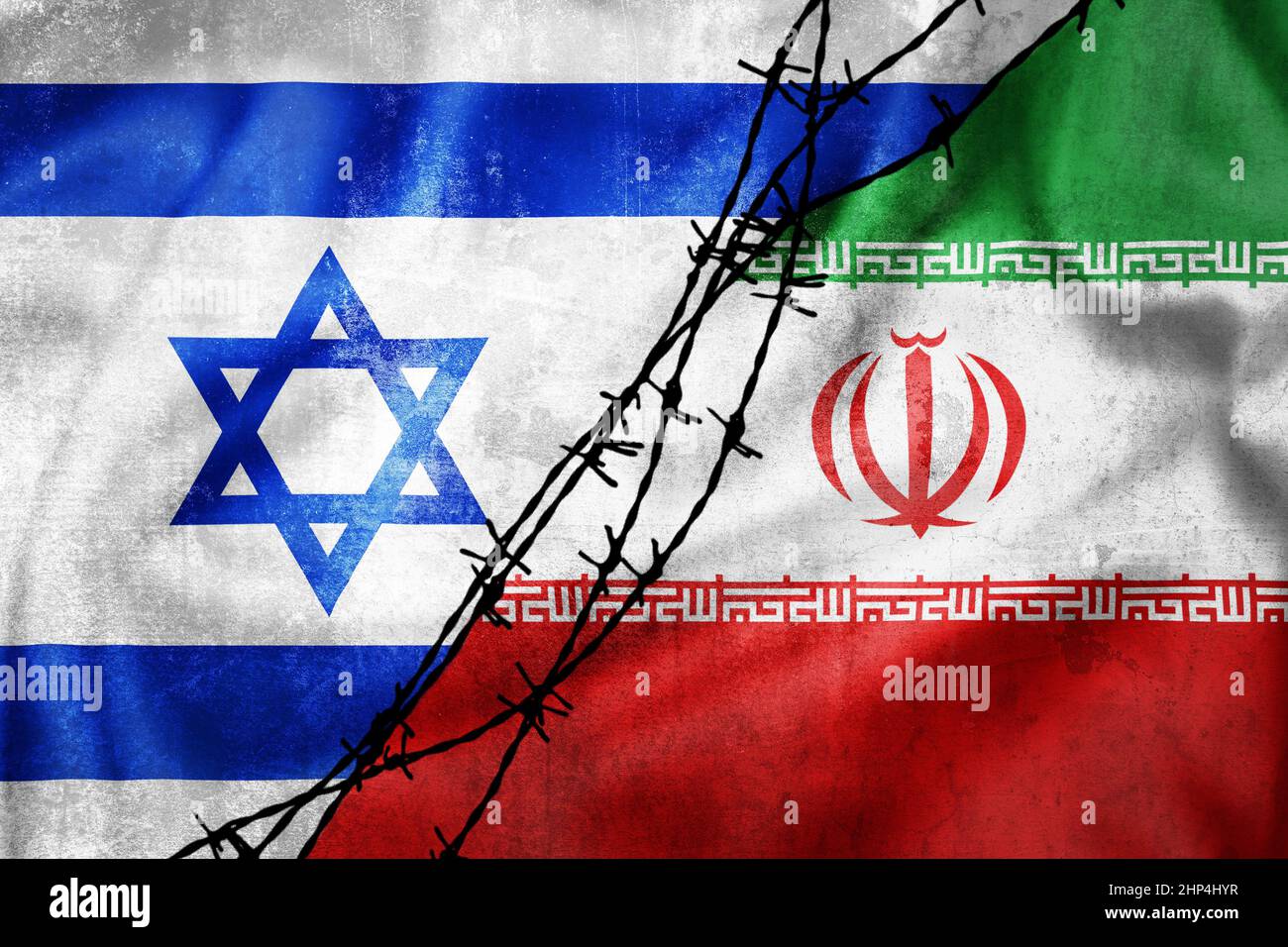 Grunge Flaggen des Iran und Israel geteilt durch Stacheldraht Illustration, Konzept der angespannten Beziehungen zwischen dem Iran und Israel Stockfoto