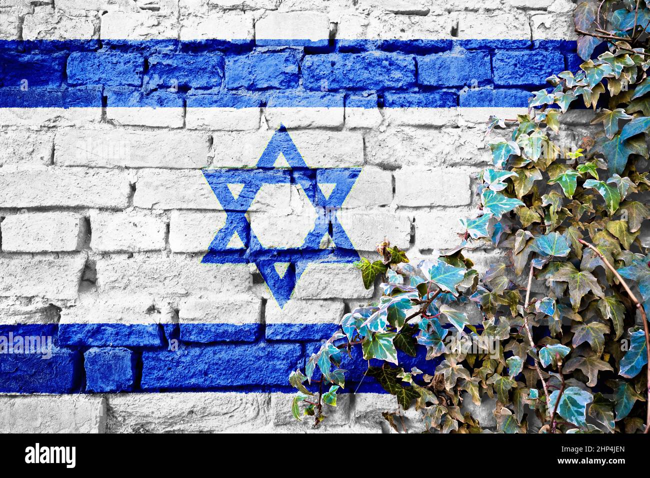 Israel Grunge-Flagge auf Ziegelmauer mit Efeu-Pflanze, Land Symbol Konzept des Staates Israel Stockfoto