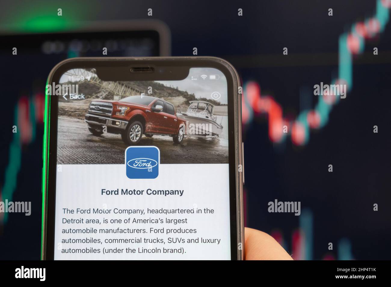 Die Aktienkursentwicklung der Ford Motor Company mit Grafiken im Hintergrund. Man hands Holding a Smartphone with Logo on the screen, February 2022, San Francisco, USA. Stockfoto