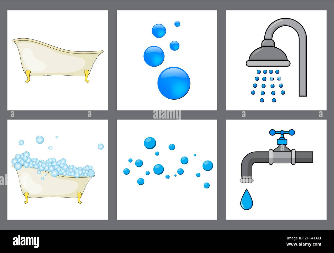 Badezimmersymbol. Kollektion von Badewanne mit Schaumstoff, Wasserhahn und Dusche. Vektorgrafik isoliert auf Weiß. Stock Vektor