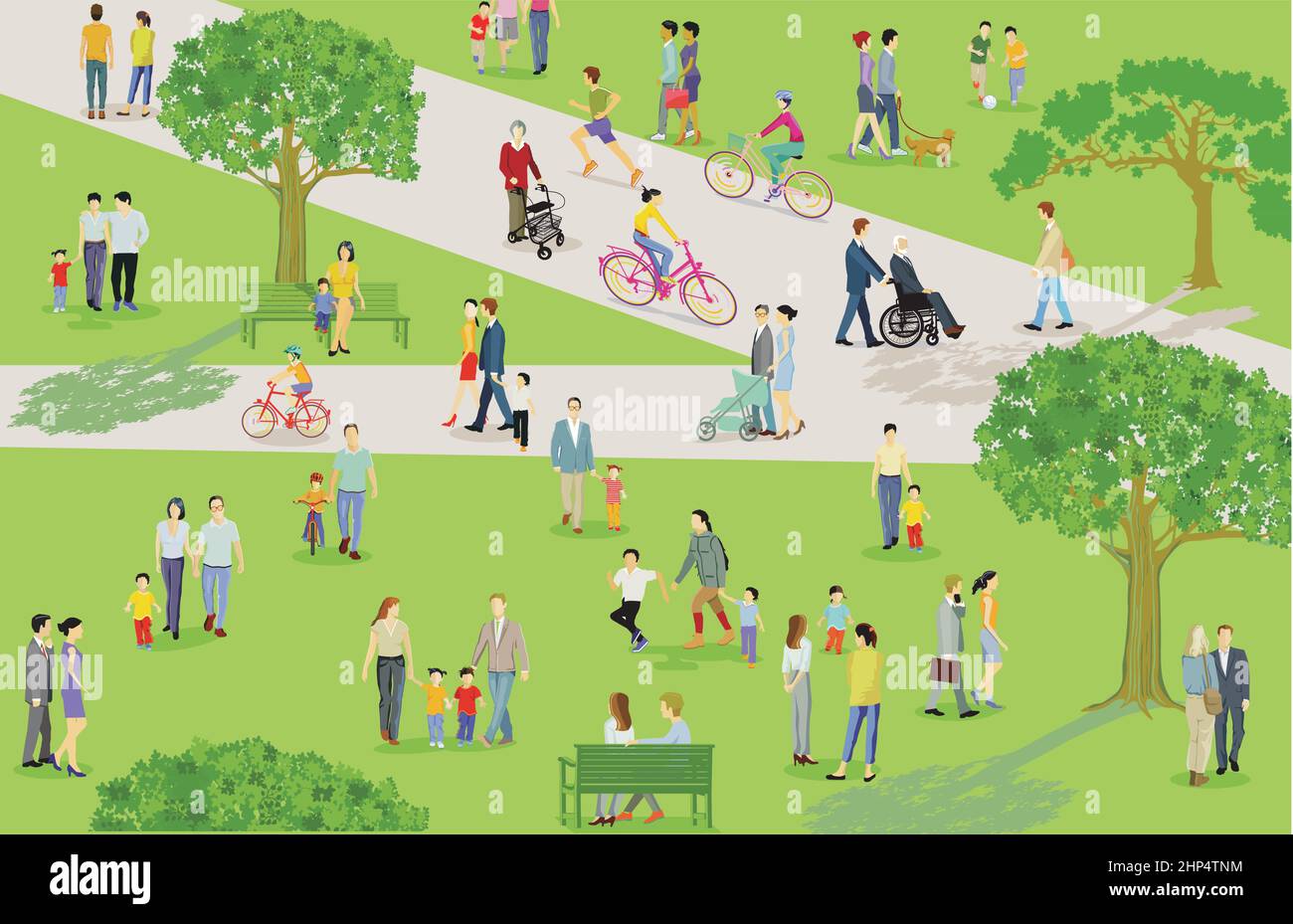 Familien und andere Menschen haben Freizeit in der Stadtpark-Illustration Stock Vektor