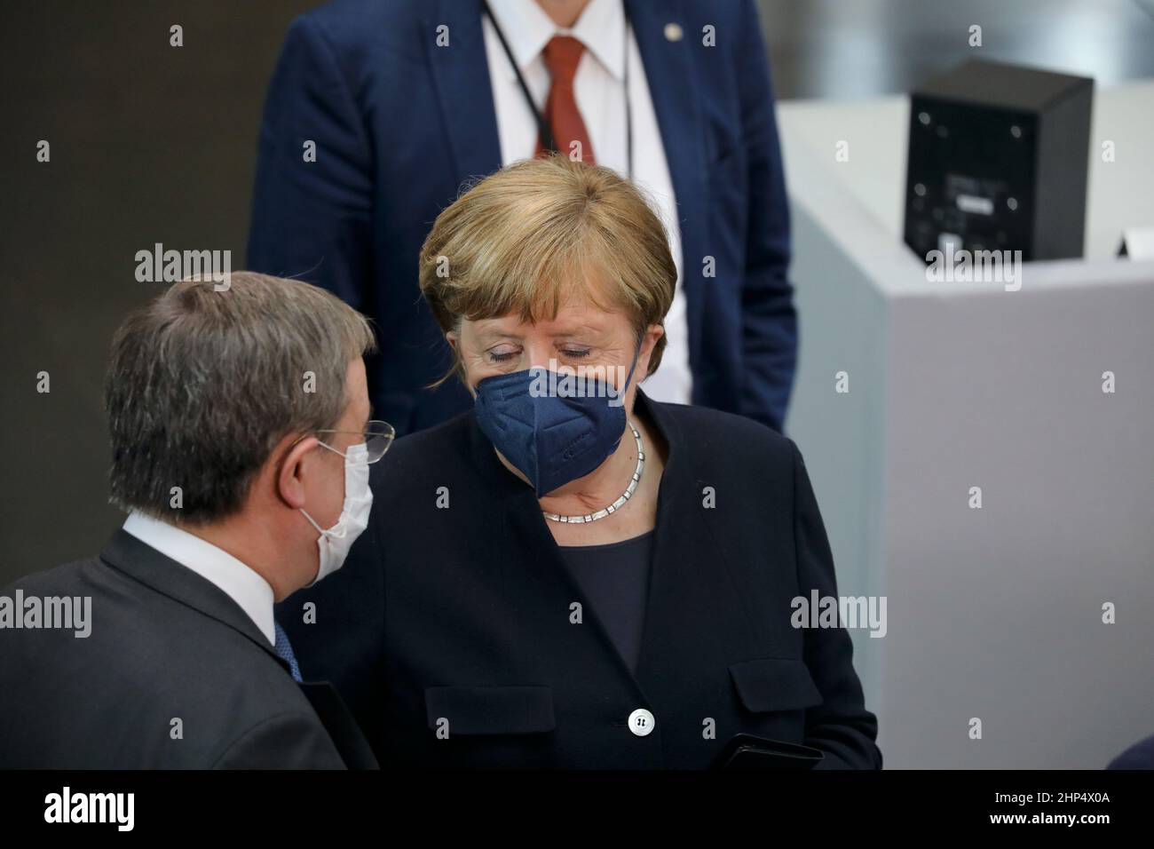 Berlin, 13. Februar 2022. Dr. Angela Merkel, die ehemalige Bundeskanzlerin, bei der Wahl des deutschen Bundespräsidenten. Stockfoto