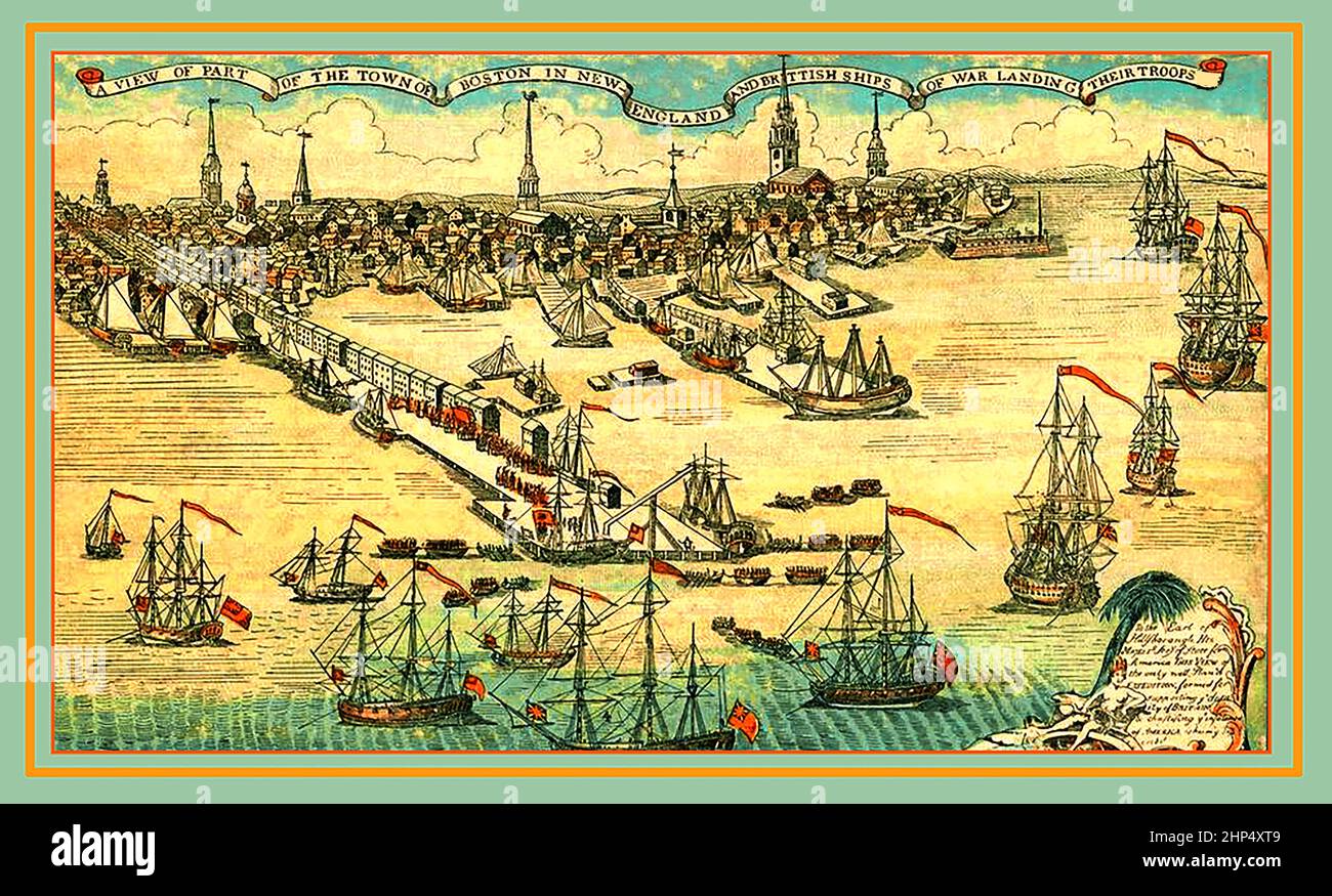 Eine frühe Ansicht der Stadt Boston, USA, zeigt britische Kriegsschiffe, die 1768 ihre Truppen entladen. Stockfoto