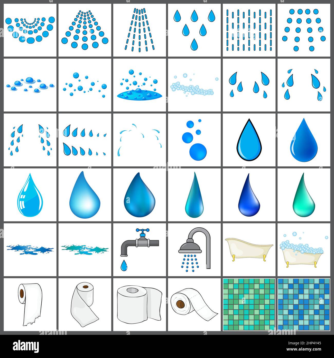 Badsymbol-Set. Vorlage von Wassertropfen und Spray, Dusche, Badewanne, Wasserhahn und Toilettenfliesen. Vektorgrafik isoliert auf Weiß. Stock Vektor