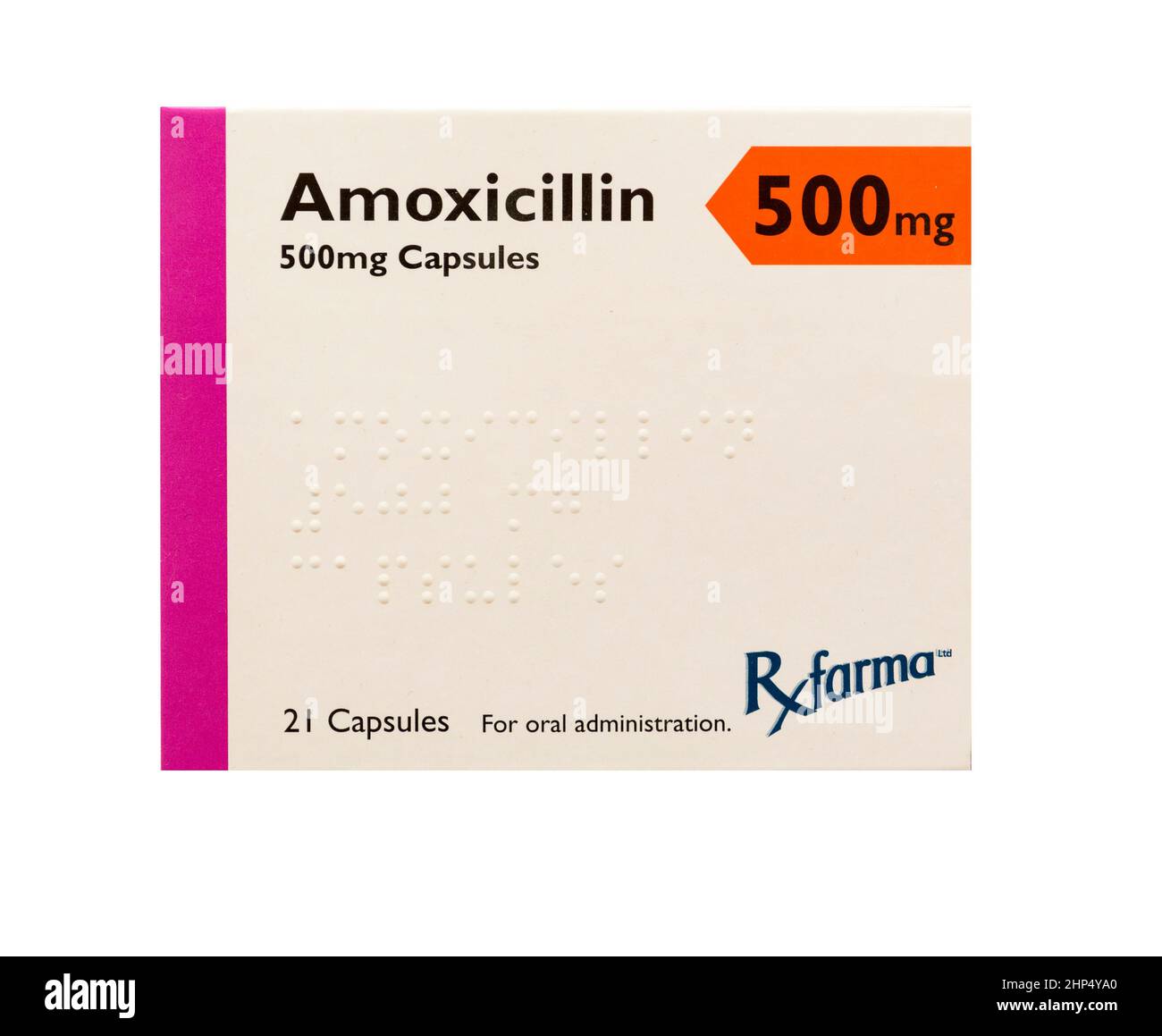 RX Farma Amoxicillin 500 mg Antibiotika-Kapseln und Verpackung Stockfoto