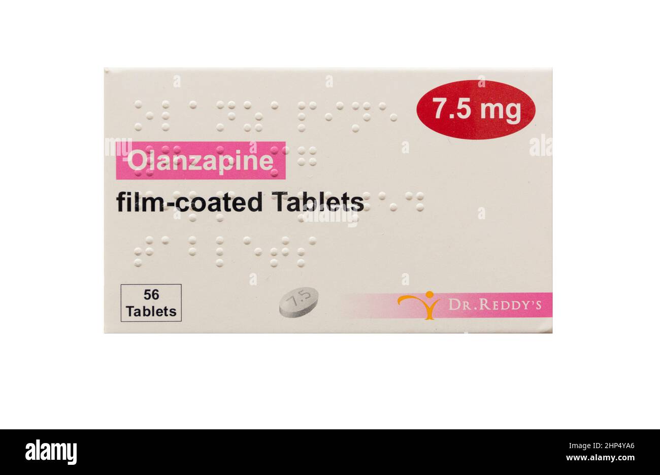 Dr. Reddy's Olanzapin (Zyprexa) 7,5 mg filmbeschichtete Tabletten und Verpackungen Stockfoto