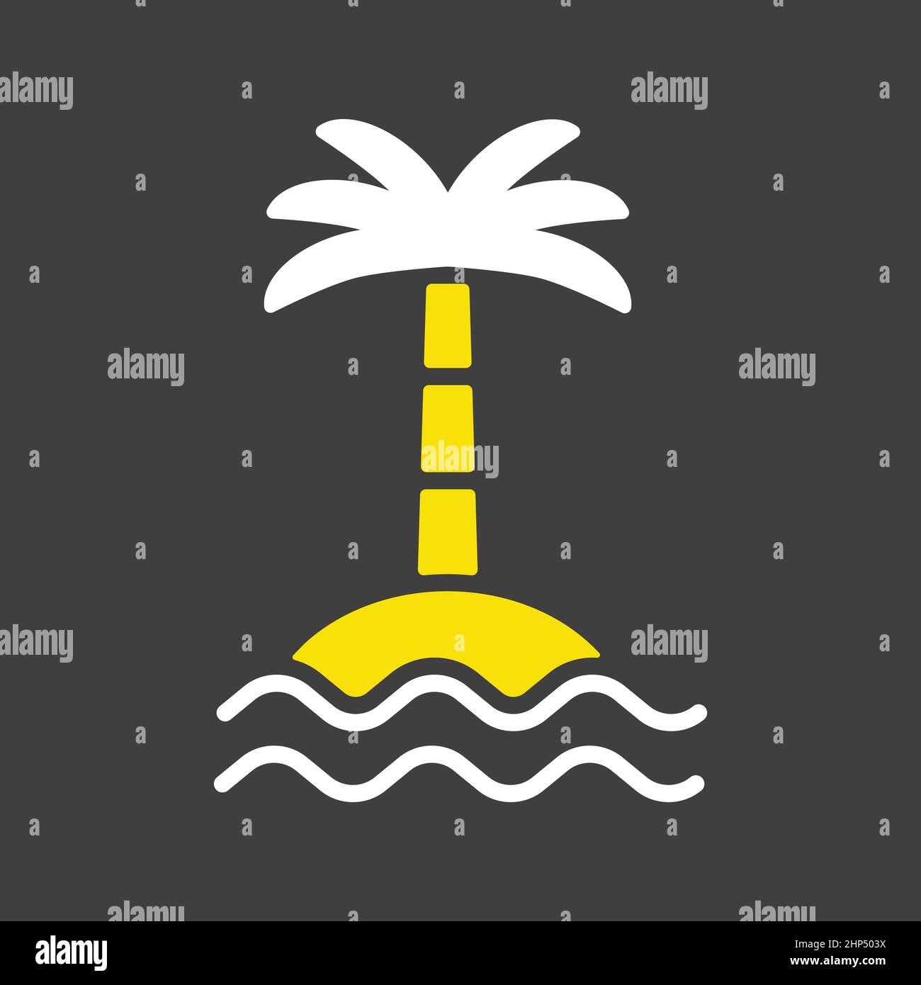 Tropische Palme auf der Insel mit Meereswellen-Vektor-Symbol auf dunklem Hintergrund Stock Vektor