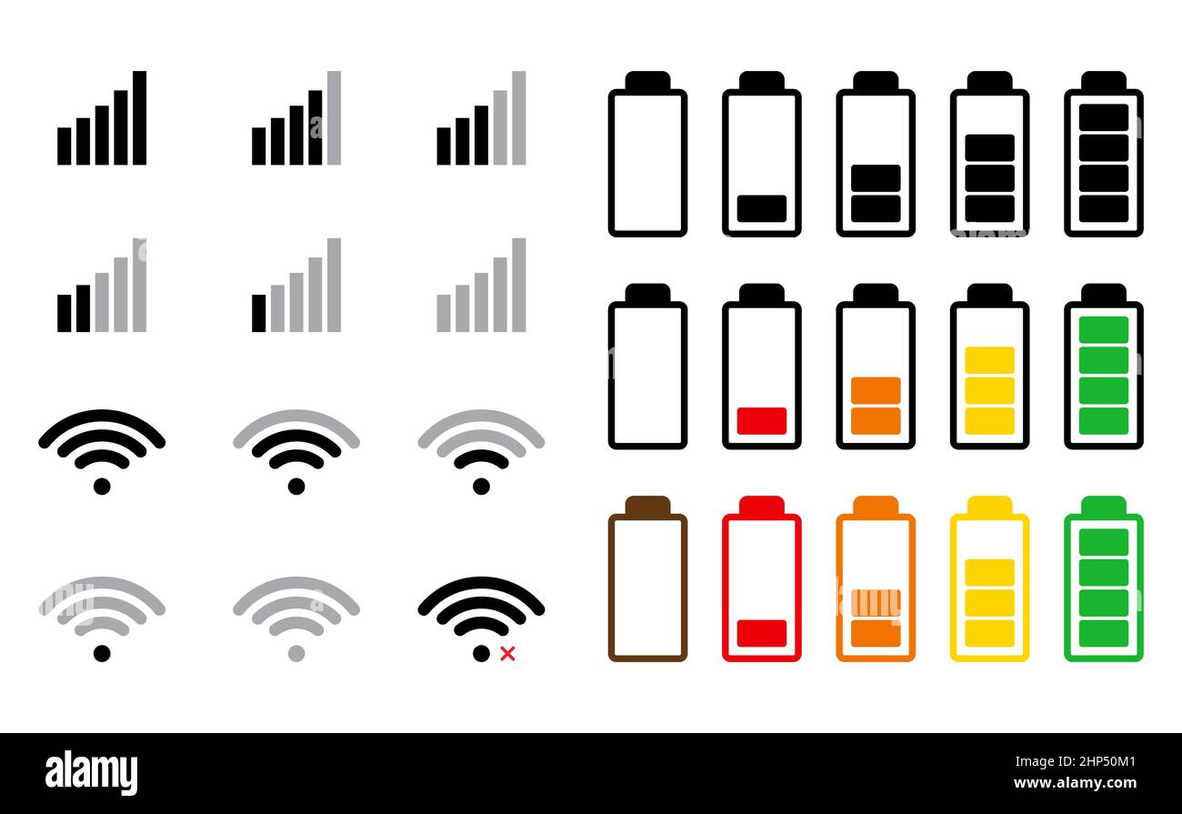 Symbol für das Telefonsignal und die Akkuanzeige. Einstellungen für die Smartphone-Schnittstelle. Vektorgrafik isoliert auf Weiß. Stock Vektor