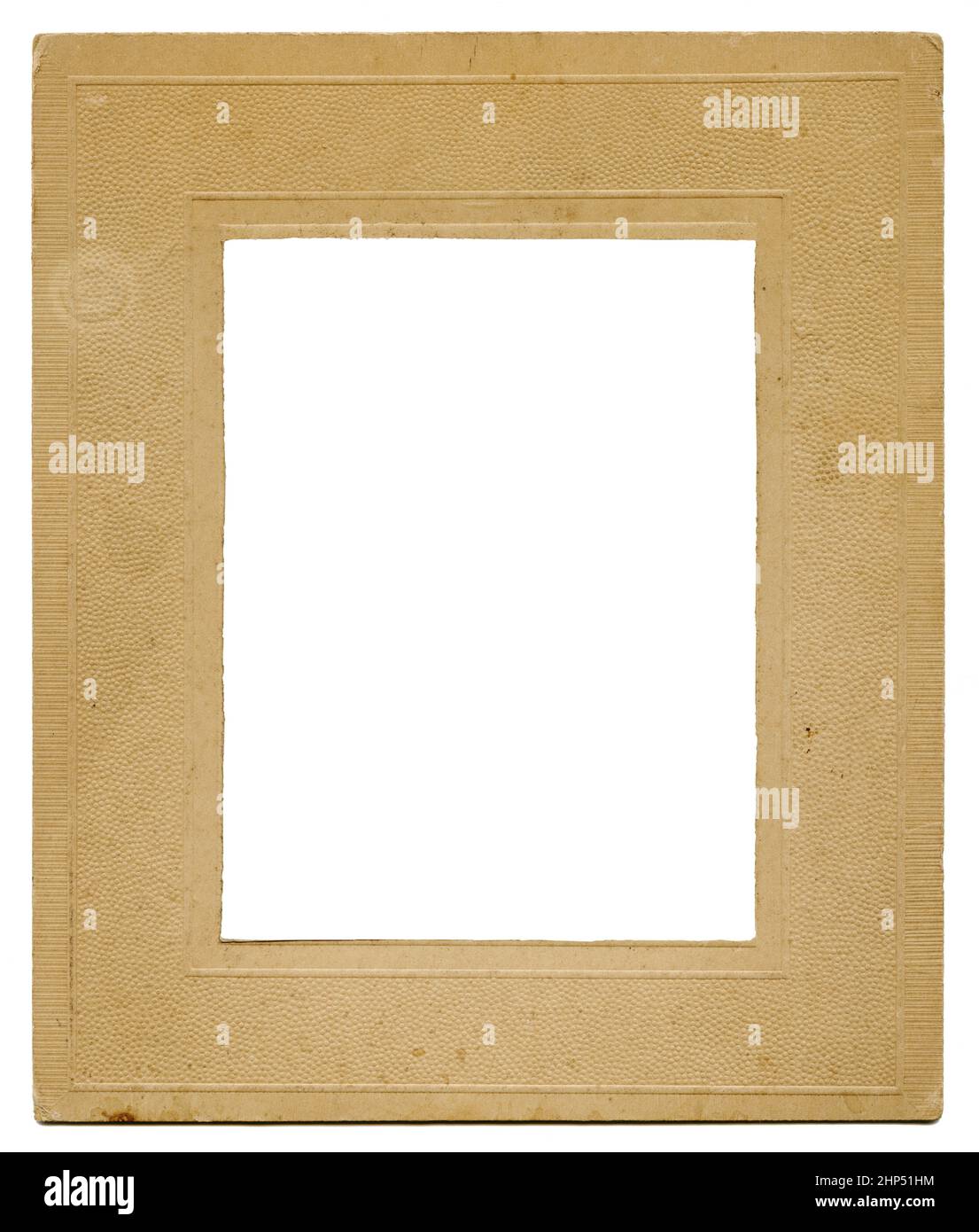 Alte Pappe Fotorahmen Vorlage isoliert auf weißem Hintergrund. Modell Stockfoto