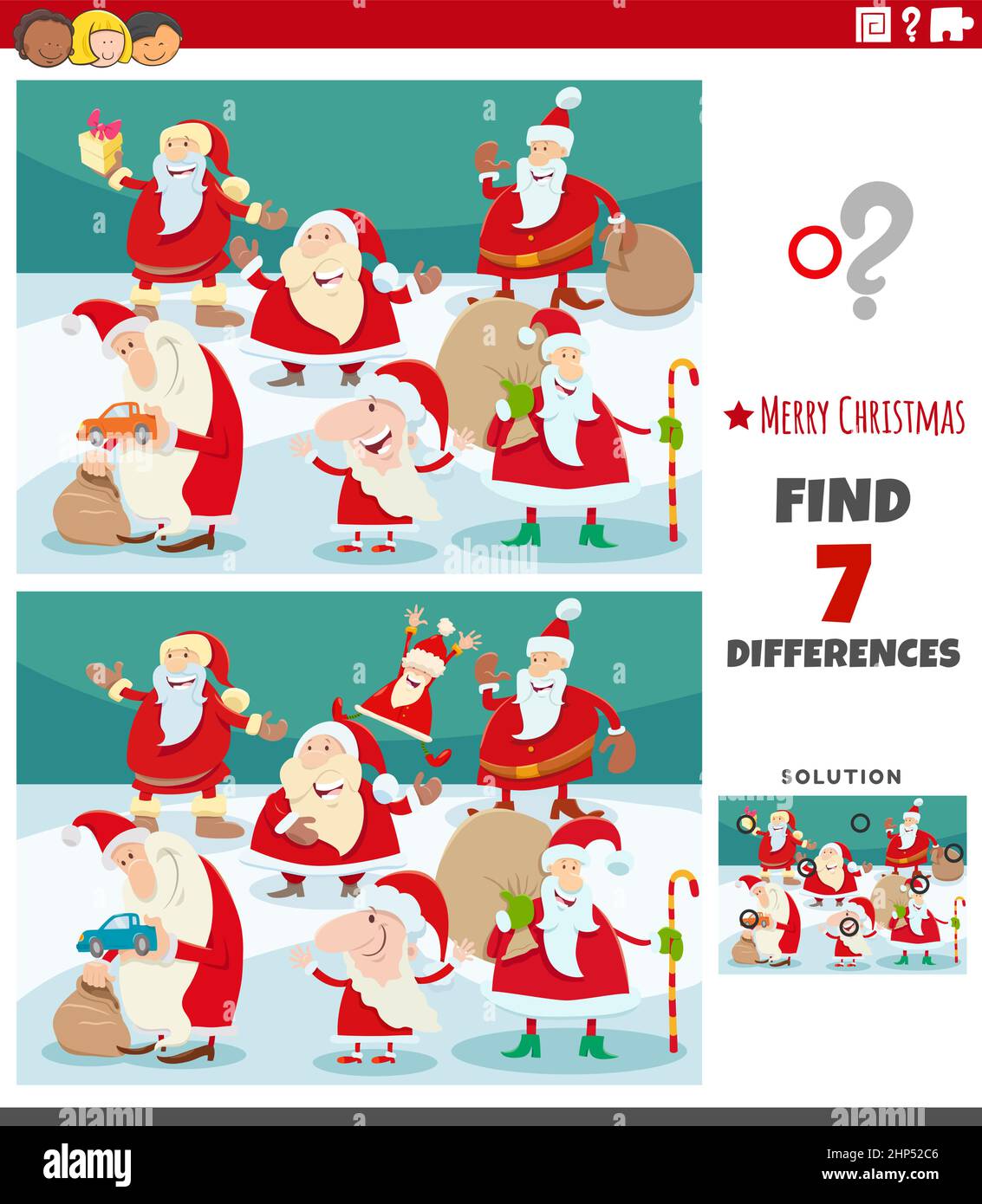 Unterschiede Aufgabe für Kinder mit Weihnachtsmann Zeichen Stock Vektor