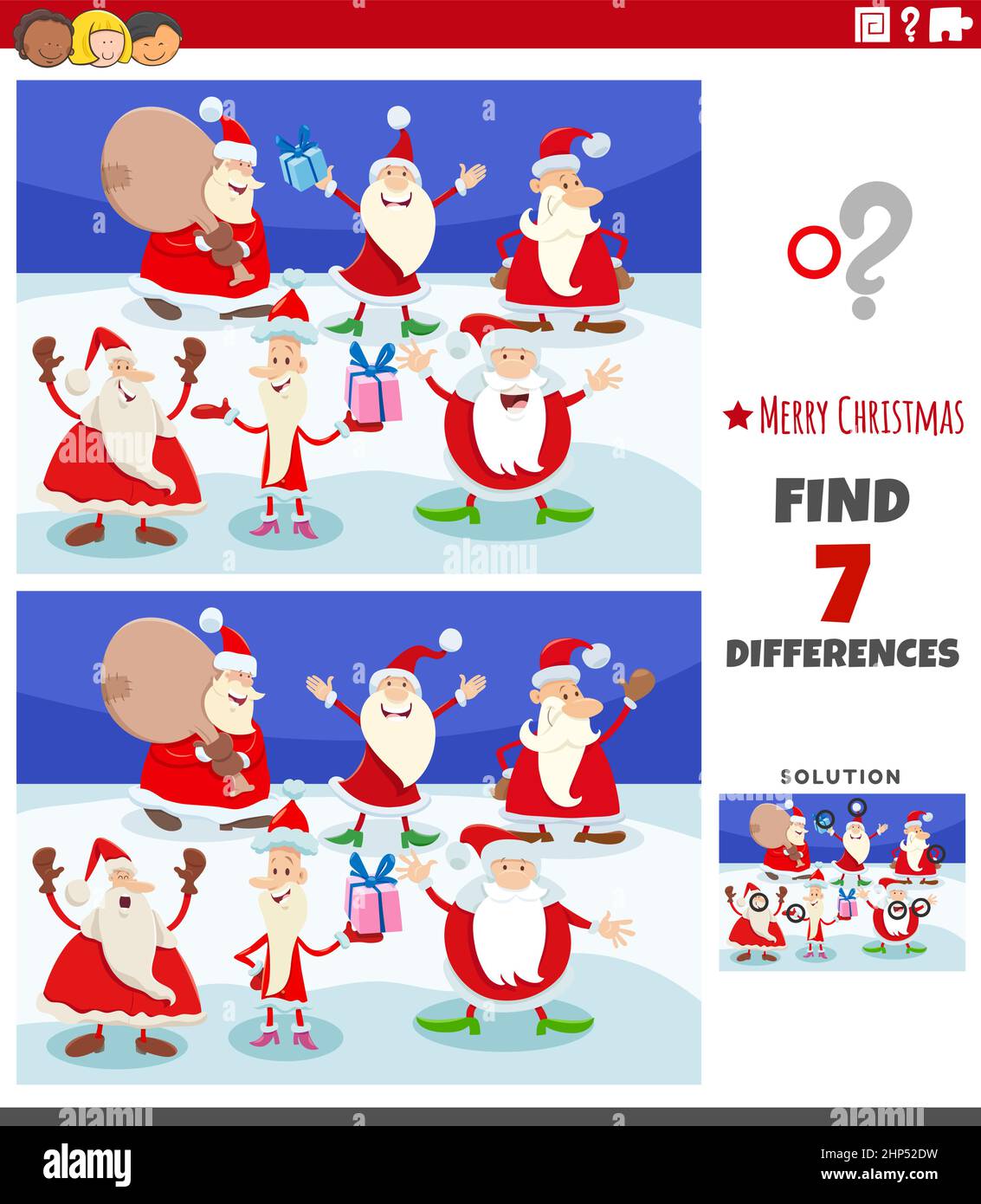 Unterschiede Aufgabe für Kinder mit Weihnachtsmann Zeichen Stock Vektor