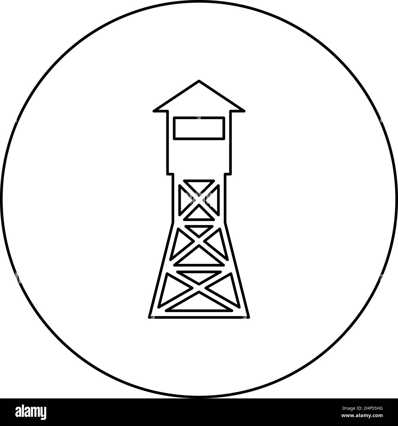 Aussichtsturm Übersicht Waldranger Feuerstelle Symbol im Kreis rund schwarz Farbe Vektor Illustration solide Kontur Stil Bild Stock Vektor