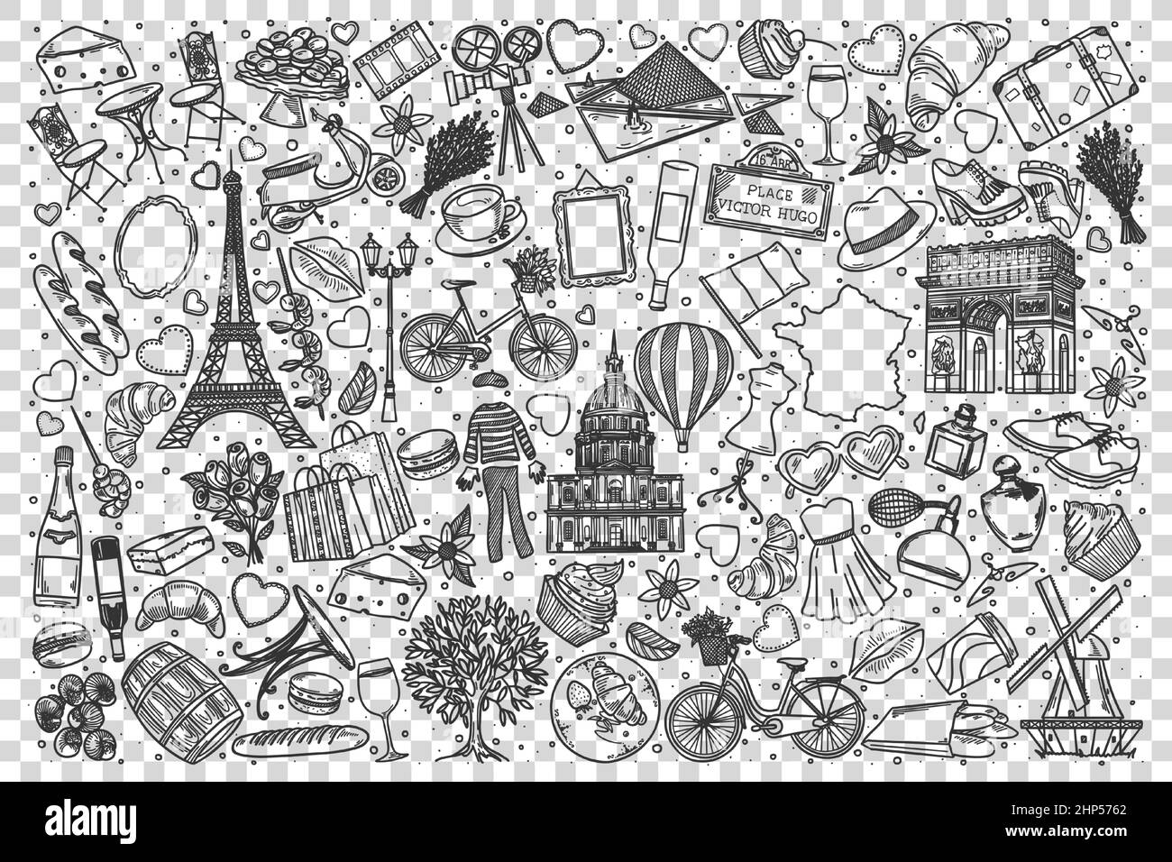 Frankreich Doodle Set Stock Vektor