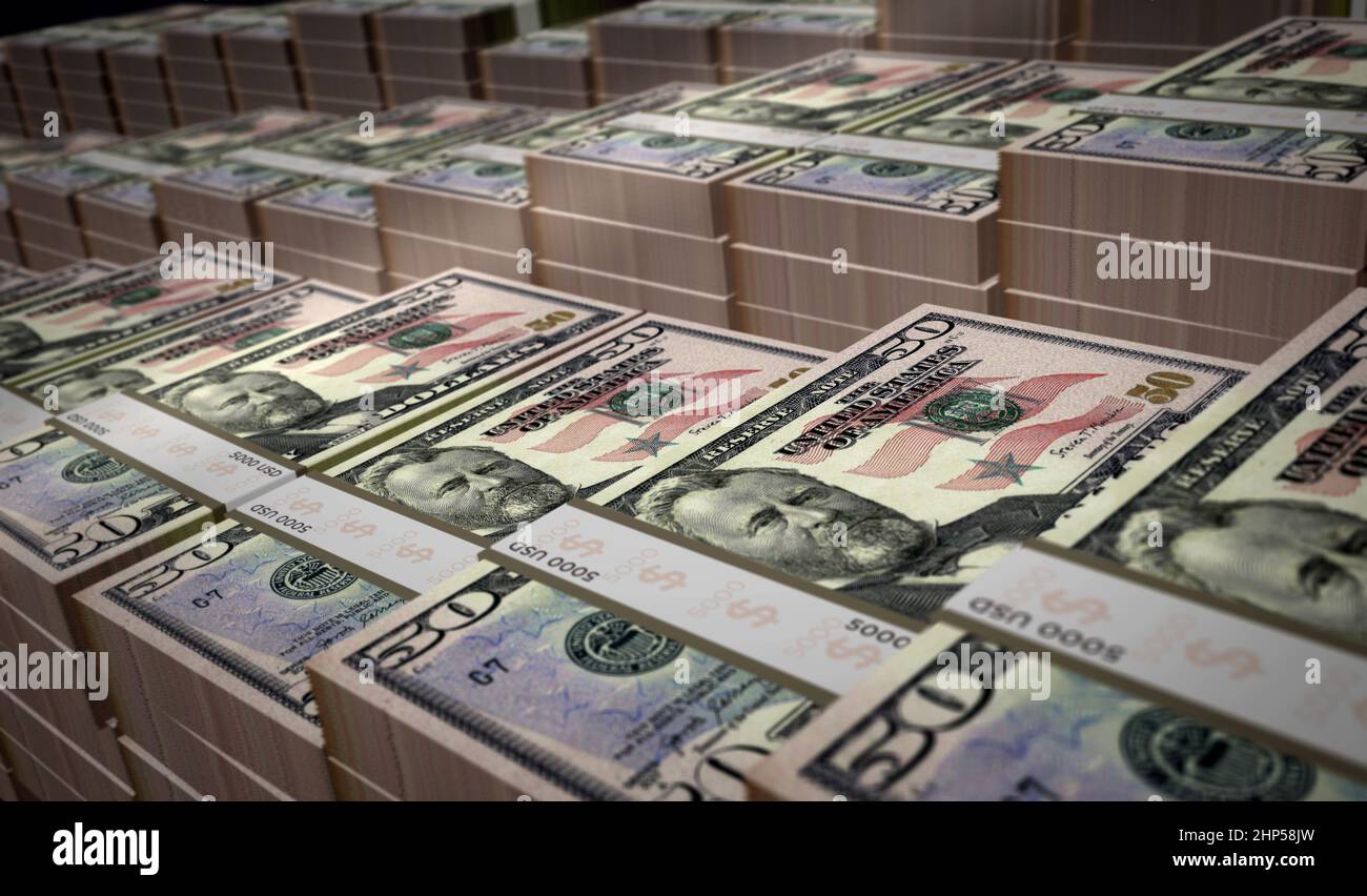Dollar fünfzig Geld drucken 3D Abbildung. 50 USD Banknote. Konzept von Finanzen, Bargeld, Wirtschaftskrise, Unternehmenserfolg, Rezession, bank, Steuer und deb Stockfoto