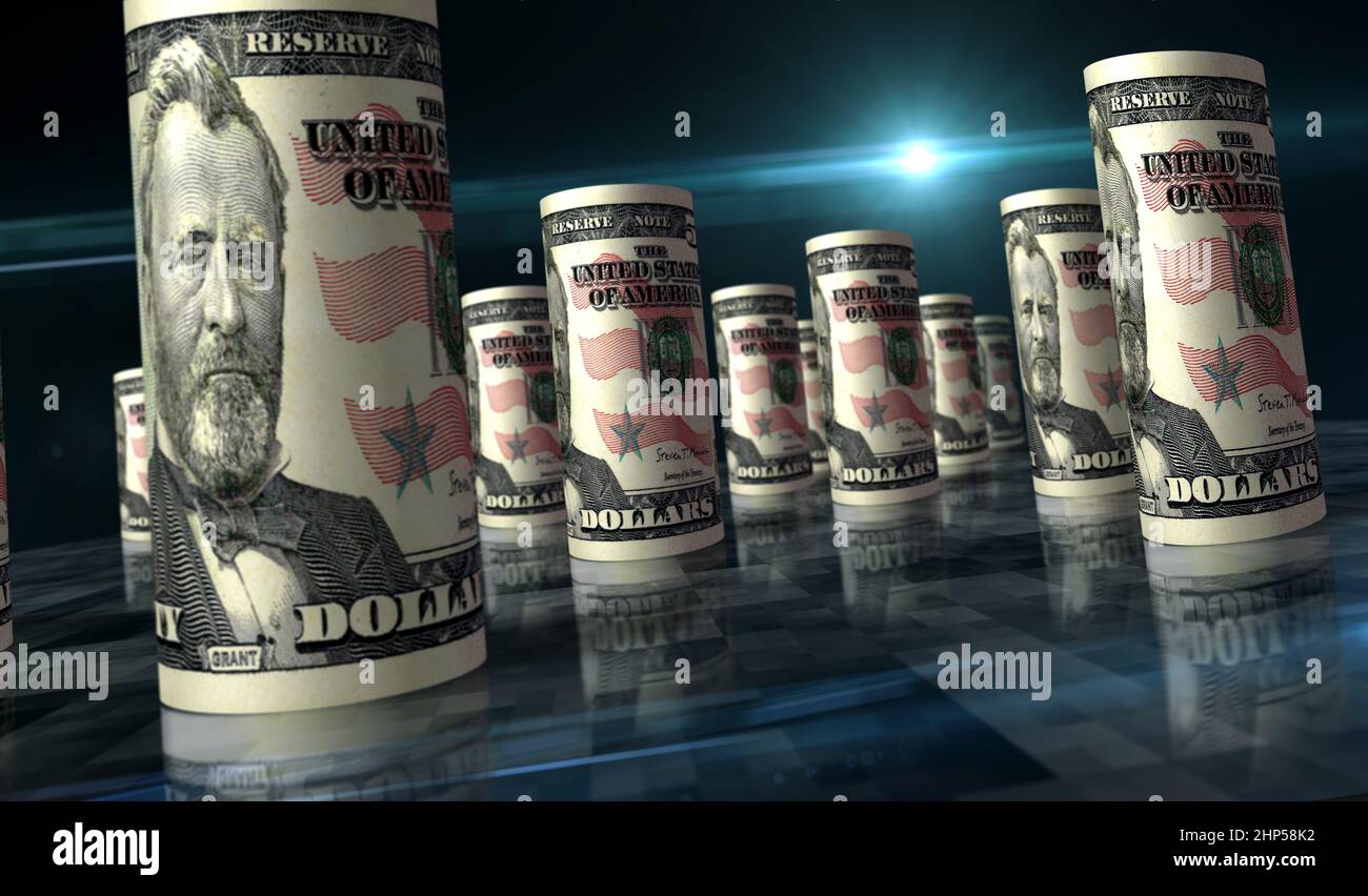 Abbildung 3D: 50 US-Dollar Geldrolle. 50 USD Banknote. Konzept von Finanzen, Bargeld, Wirtschaftskrise, Unternehmenserfolg, Rezession, bank, Steuern und Schulden in Stockfoto