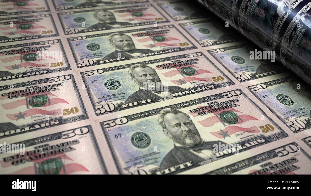 Dollar fünfzig Geld drucken 3D Abbildung. 50 USD Banknote. Konzept von Finanzen, Bargeld, Wirtschaftskrise, Unternehmenserfolg, Rezession, bank, Steuer und deb Stockfoto