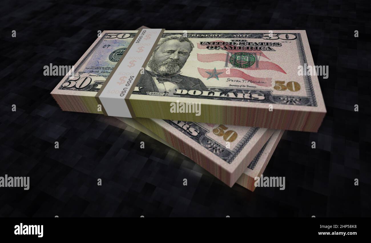 Abbildung: 50-Dollar-Geldpaket 3D. 50 USD Banknotenbündel. Konzept von Finanzen, Bargeld, Wirtschaftskrise, Unternehmenserfolg, Rezession, bank, t Stockfoto