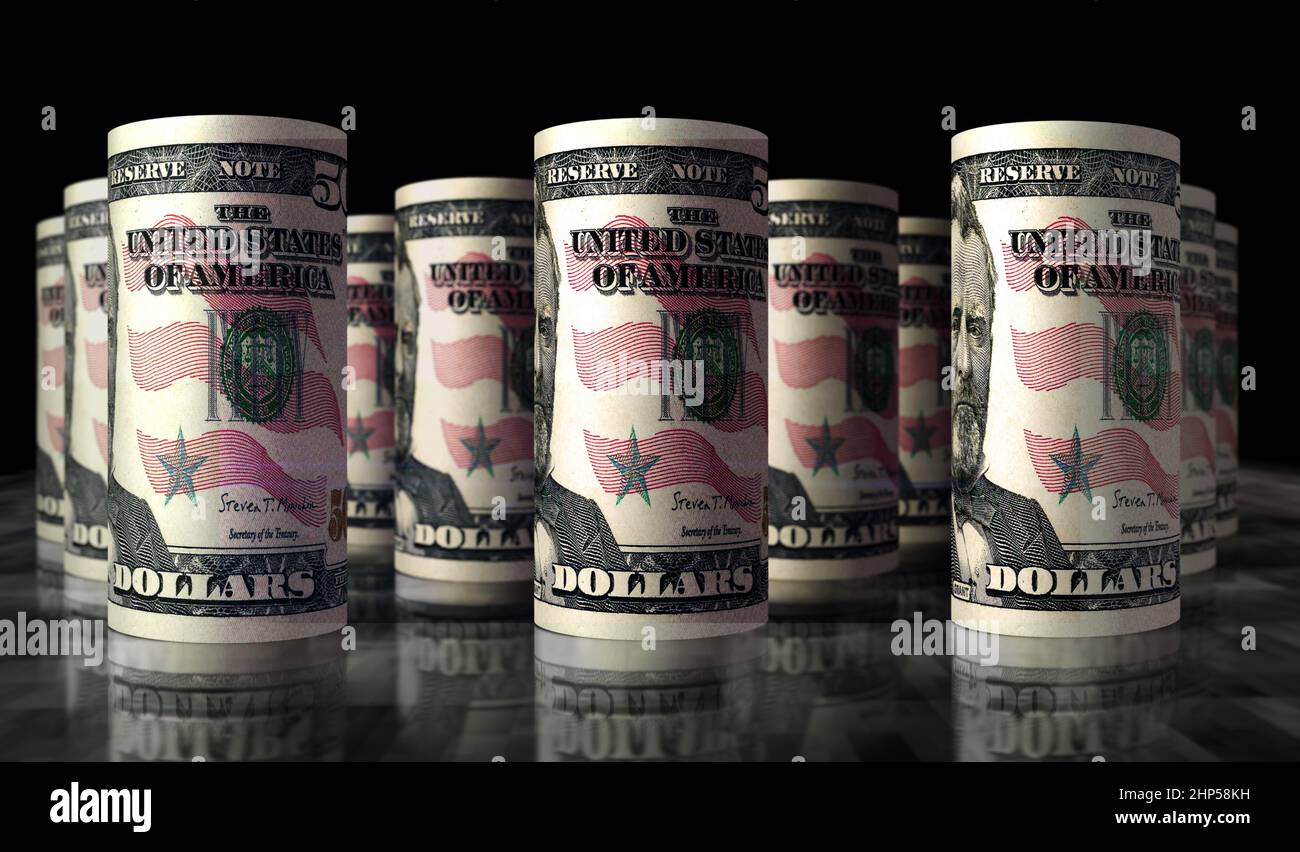 Abbildung 3D: 50 US-Dollar Geldrolle. 50 USD Banknote. Konzept von Finanzen, Bargeld, Wirtschaftskrise, Unternehmenserfolg, Rezession, bank, Steuern und Schulden in Stockfoto