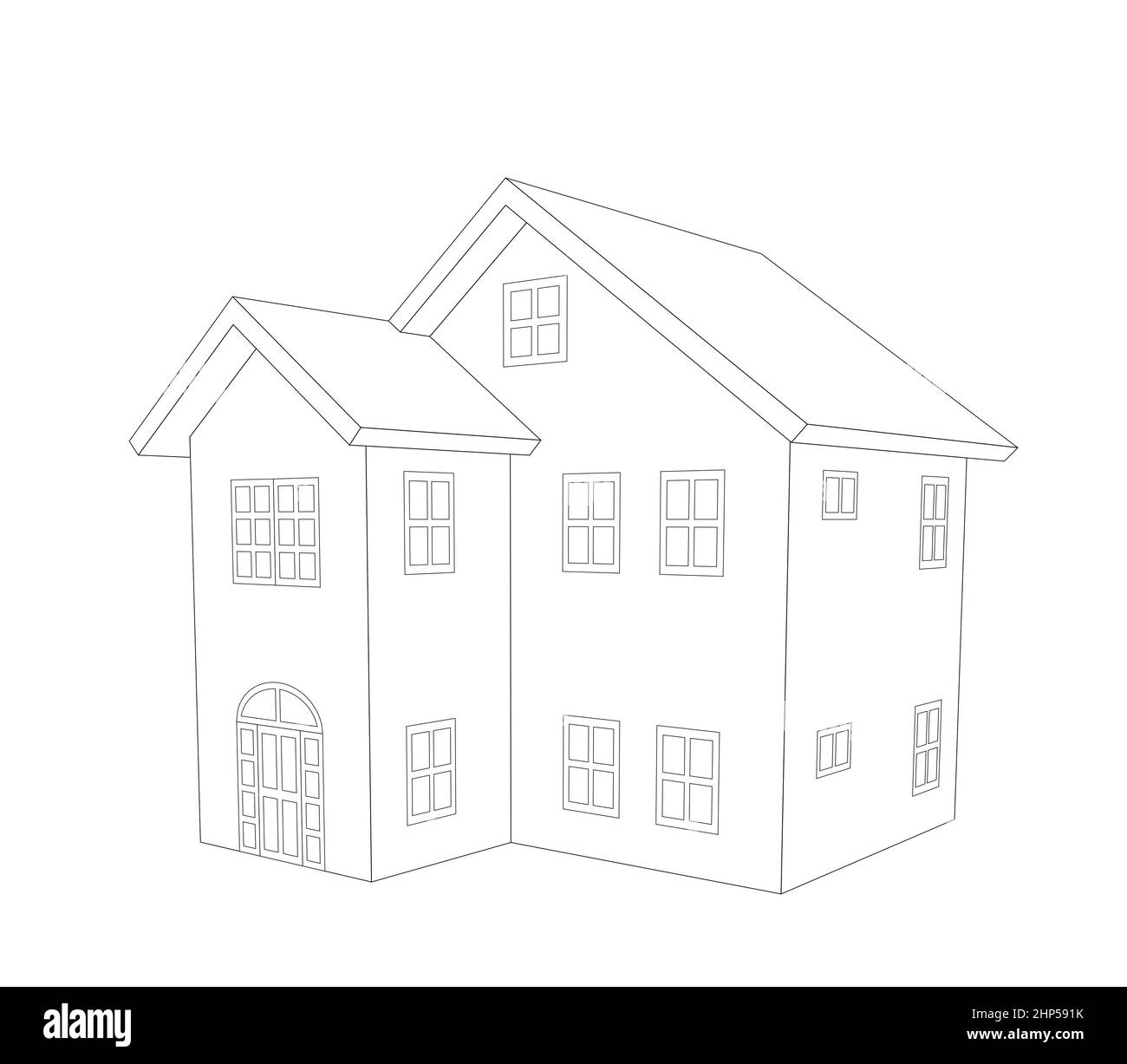 3D perspektivische Ansicht eines zweistöckigen Hauses, einfaches Design detaillierte Architekturzeichnung Stockfoto